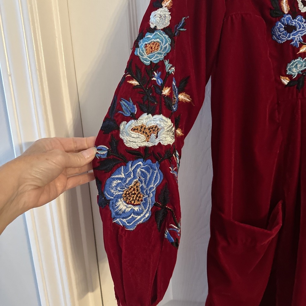 Free People Red Velvet Mini Dress Embroidered Details Size Small - Picture 3 of 13